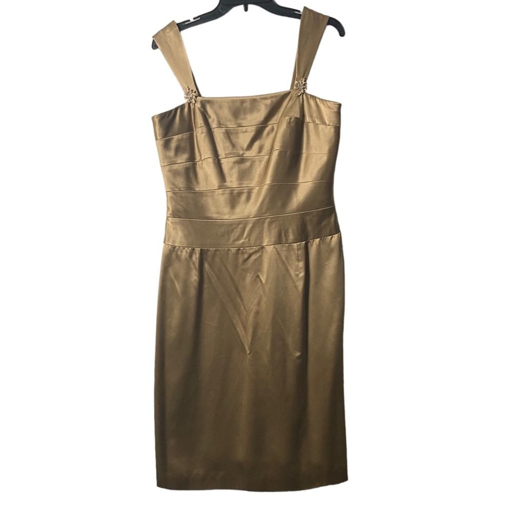 Talbots Pure Silk Gold Cocktail Dress Women Size 12 Sleeveless Rhinestone Accent